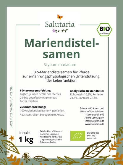 Salutaria Bio Mariendistelsamen gemahlen | Bio Einzelkräuter für Pferde kaufen, Kräuter für Leber Pferde selber mischen, Leber Pferd