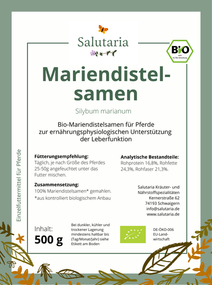 Salutaria Bio Mariendistelsamen gemahlen | Bio Einzelkräuter für Pferde kaufen, Kräuter für Leber Pferde selber mischen, Leber Pferd